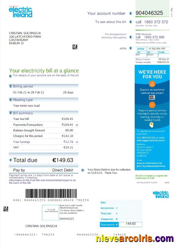 IRELAND ELECTRIC IRELAND utility bill